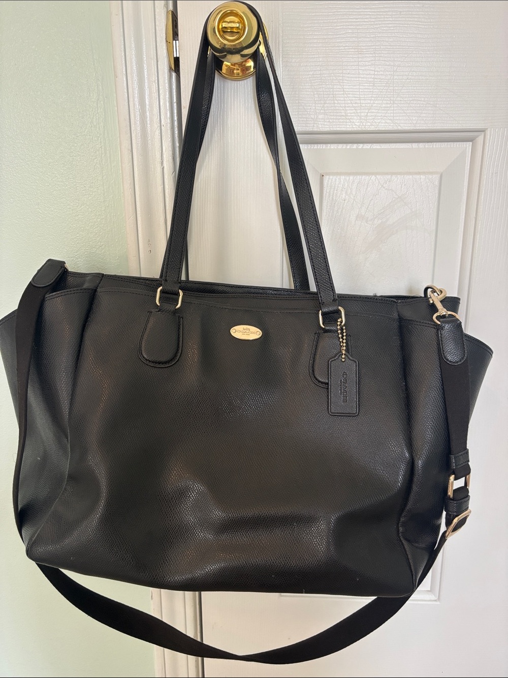 Coach Black Leather Diaper Bag Tote with Gold Hardware